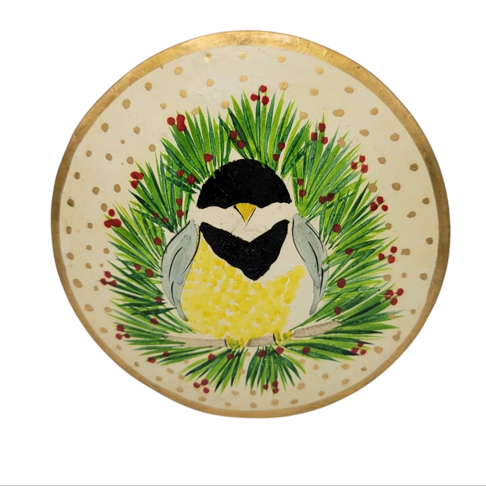 Vintage Hand Painted Chickadee Coaster Set Box & 6 Coasters